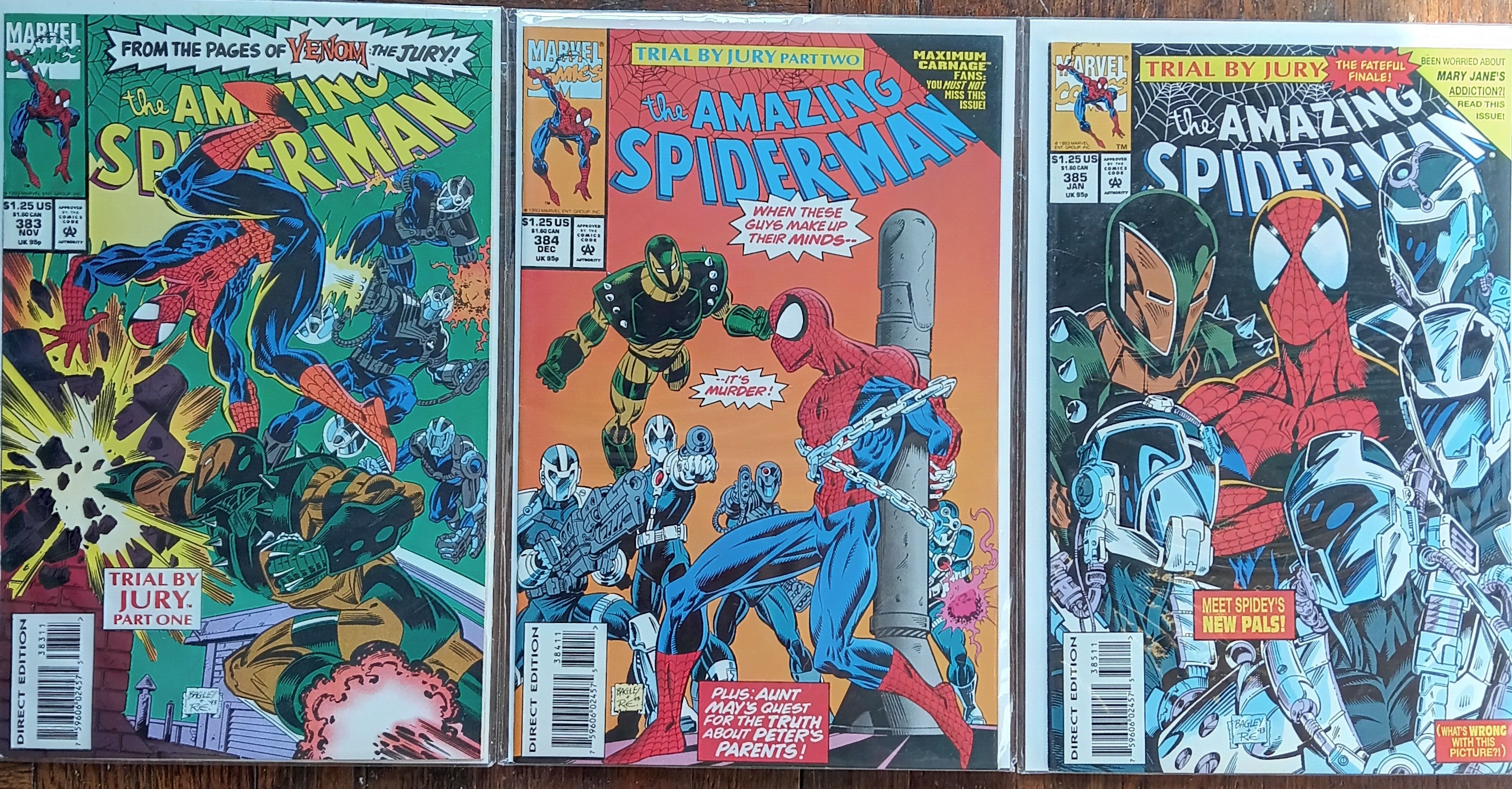 The Amazing Spider-man #383,384,385 Direct Edition Marvel Comic Books in Great Condition
